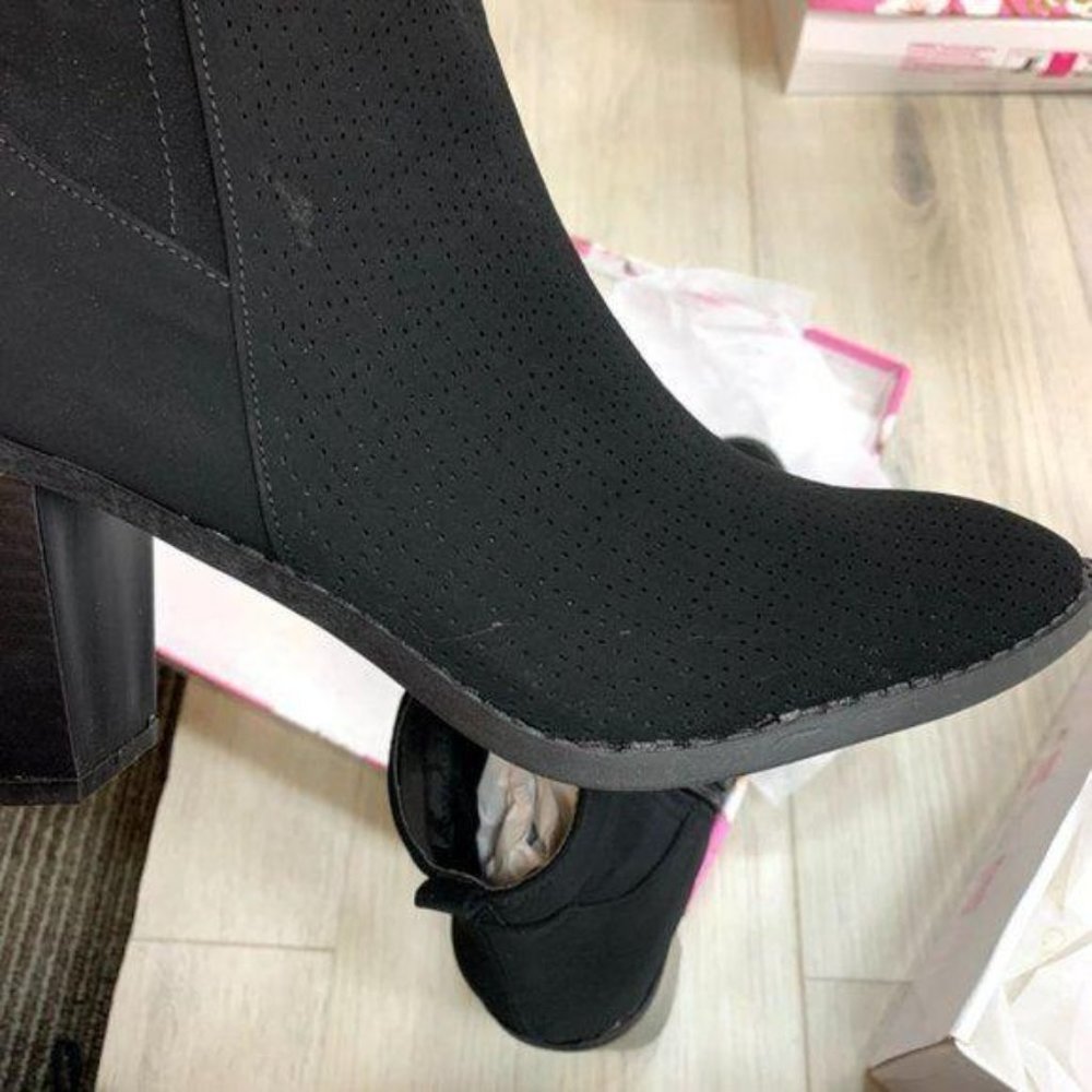 Black Perforated Design Ankle Heeled Boots - Picture 16 of 16